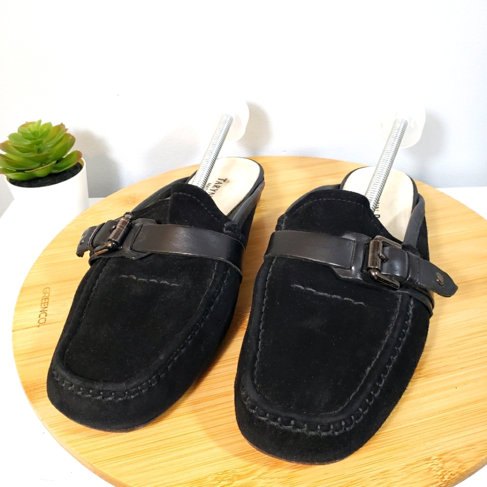 TARYN ROSE black suede moccasin loafer mule slides